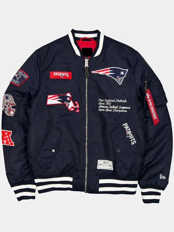 PATRIOTS X ALPHA X NEW ERA MA-1 BOMBER JACKET FRONT VIEW