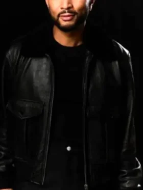 Promo John Legend Fur Collar Leather Jacket closure view showing front fastening, fur collar, and stitching