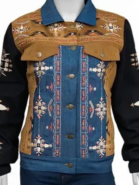 Reba Embroidered Suede Denim Jacket close-up view showing embroidery, stitching, and textured fabric finish