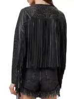 Reba McEntire Black Fringed Leather Jacket back view showing rear fringe details and black leather jacket shape