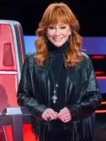 Reba McEntire Black Fringed Leather Jacket front view showing fringe accents, collar, and leather design