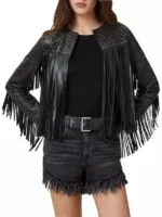 Reba McEntire Black Fringed Leather Jacket view look showing black leather texture and fringe details