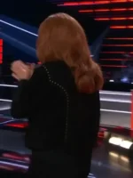 Reba McEntire Black Leather Fringe Jacket back view showing rear fringe accents and black leather jacket shape