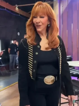 Reba McEntire Black Leather Fringe Jacket closure look showing fastening detail, fringe, and leather texture