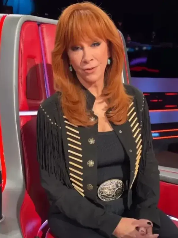 Reba McEntire Black Leather Fringe Jacket front view showing fringe accents, collar, and black leather design