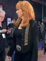 Reba McEntire Black Leather Fringe Jacket side view showing black leather texture and fringe details