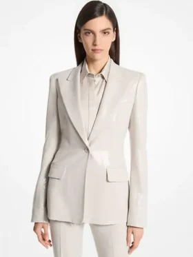Reba McEntire Cream Sequined Blazer view look showing cream sequin texture and structured blazer fit