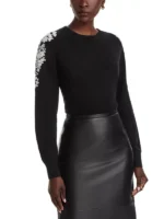 Reba McEntire The Voice S28 Black Embroidered Sweater side view showing profile fit and embroidery detail