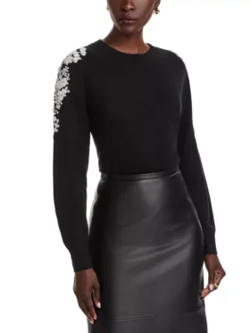 Reba McEntire The Voice S28 Black Embroidered Sweater side view showing profile fit and embroidery detail