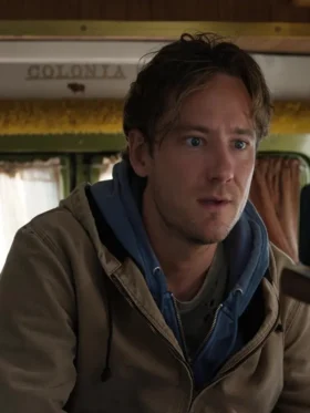 Remarkably Bright Creatures 2026 Lewis Pullman Hooded Jacket outfit look