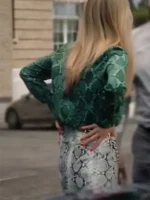 S01 Kaitlin Olson Green Snake Shirt back view showing rear snake pattern, sleeves, and clean shirt fit