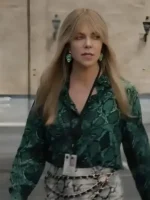 S01 Kaitlin Olson Green Snake Shirt front view showing collar, closure, and green snake print design