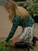S01 Kaitlin Olson Green Snake Shirt left side view showing green snake print, sleeve, and shirt fit