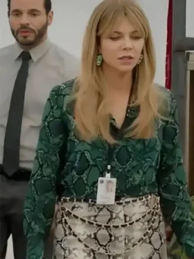 S01 Kaitlin Olson Green Snake Shirt view look showing green snake pattern, collar, and clean fit