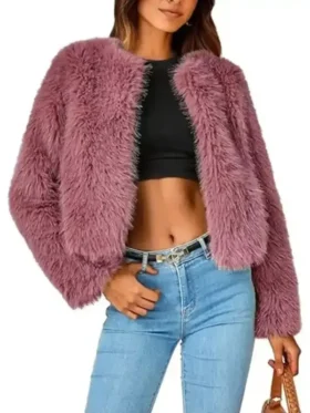 S01 Morgan Gillory Cropped Fur Jacket closure view showing fastening area, fur texture, and stitching