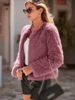 S01 Morgan Gillory Cropped Fur Jacket side view showing fur texture, sleeve shape, and cropped fit