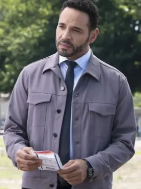 S02 Adam Karadec Grey Jacket front view showing collar, closure, pockets, and grey jacket design