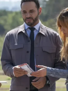S02 Adam Karadec Grey Jacket look showing collar detail, grey fabric, and relaxed jacket shape