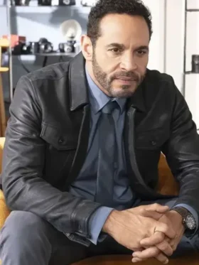 S02 Daniel Sunjata Leather Jacket front view showing collar, closure, pockets, and leather design