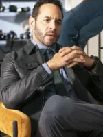 S02 Daniel Sunjata Leather Jacket view showing leather texture, collar, and clean jacket fit