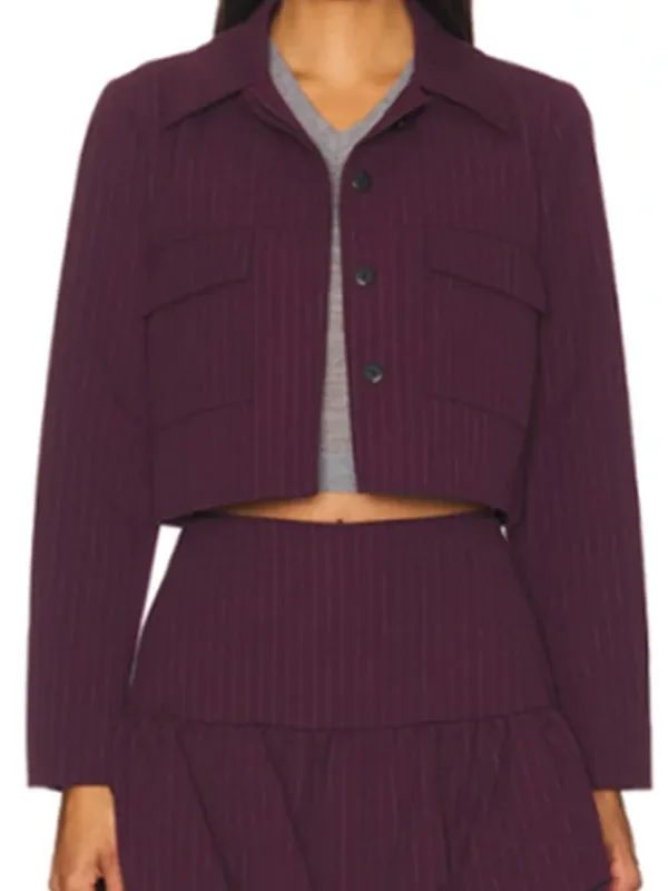 S02 Daphne Burgundy Cropped Jacket front view showing collar, closure, sleeves, and cropped design