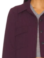 S02 Daphne Burgundy Cropped Jacket look showing cropped shape, collar area, and burgundy finish