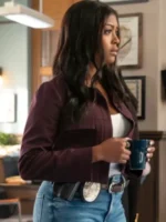 S02 Daphne Burgundy Cropped Jacket side view showing burgundy color, sleeve shape, and cropped fit
