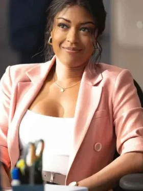 S02 Daphne Forrester Pink Blazer close-up view showing pink fabric texture, stitching, and blazer finish