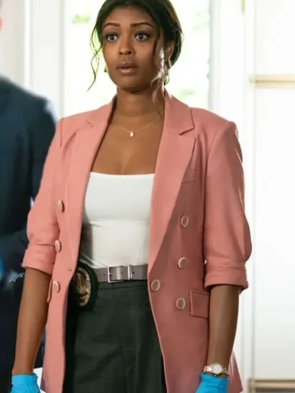 S02 Daphne Forrester Pink Blazer front view showing lapel, closure, and pink blazer design