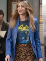 S02 Kaitlin Olson Blue Leather Blazer closure view showing front fastening, stitching, and blue leather texture