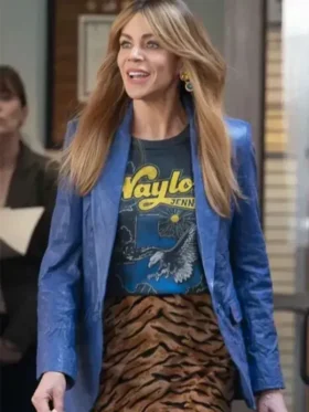 S02 Kaitlin Olson Blue Leather Blazer closure view showing front fastening, stitching, and blue leather texture