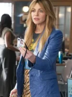 S02 Kaitlin Olson Blue Leather Blazer side view showing blue leather texture, sleeve shape, and clean fit