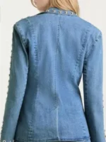 S02 Kaitlin Olson Denim Studded Blazer back view showing rear design, studs, and structured blazer fit