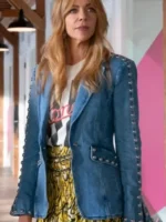 S02 Kaitlin Olson Denim Studded Blazer front view showing lapel, studs, closure, and denim blazer design