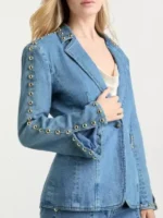 S02 Kaitlin Olson Denim Studded Blazer side view showing sleeve shape, studs, and denim blazer profile