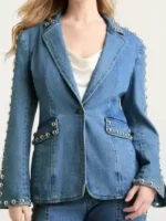 S02 Kaitlin Olson Denim Studded Blazer design view showing studded details and denim fabric texture