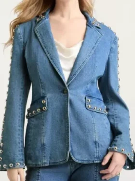 S02 Kaitlin Olson Denim Studded Blazer design view showing studded details and denim fabric texture