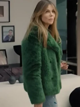 S02 Kaitlin Olson Green Fur Jacket front view showing collar, closure, and green fur design
