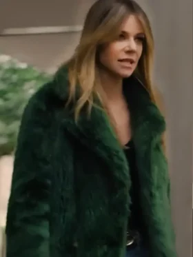 S02 Kaitlin Olson Green Fur Jacket side view showing green fur texture, sleeve shape, and jacket profile