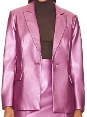 S02 Kaitlin Olson Pink Leather Blazer closure view showing front fastening, stitching, and pink leather texture