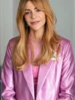 S02 Kaitlin Olson Pink Leather Blazer front view showing lapel, closure, and pink leather design