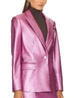 S02 Kaitlin Olson Pink Leather Blazer side view showing pink leather texture, sleeve shape, and clean fit