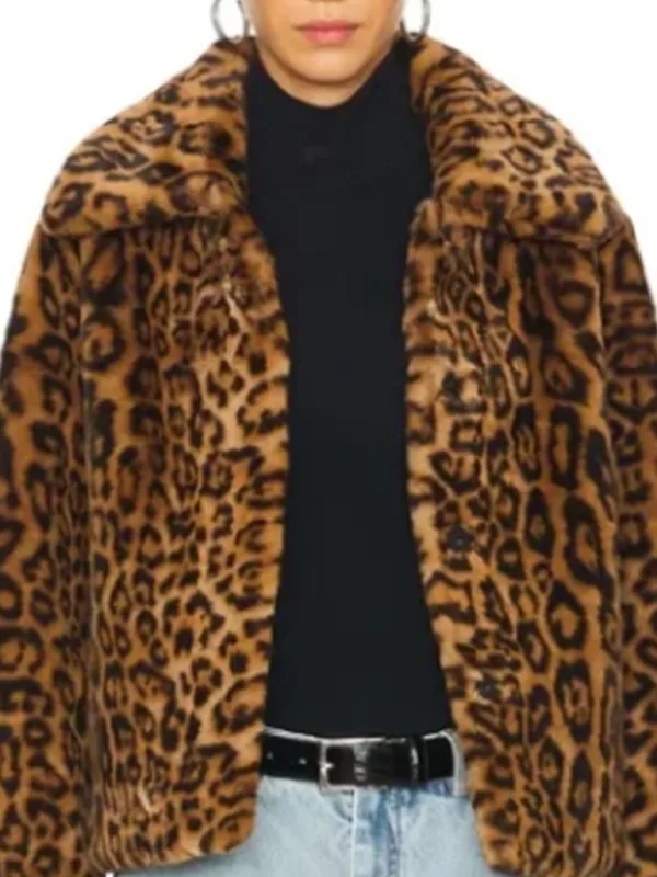 S02 Morgan Gillory Leopard Print Jacket front view showing leopard print design, collar, and jacket shape