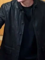 S02 Steve Howey Black Leather Jacket close-up showing black leather texture, stitching, and jacket details