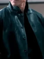 S02 Steve Howey Black Leather Jacket closure view showing front fastening, stitching, and leather texture
