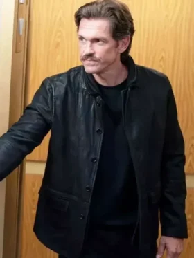 S02 Steve Howey Black Leather Jacket front view showing collar, closure, pockets, and black leather design