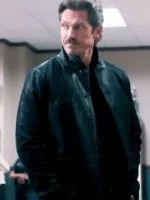 S02 Steve Howey Black Leather Jacket side view showing sleeve shape, leather finish, and jacket profile