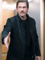S02 Steve Howey Black Leather Jacket view showing black leather texture, collar, and clean fit