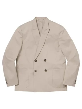 Supreme Sea Island Cotton Suit stone front view showing clean structure and sharp suit fit