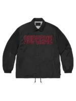 Supreme Spellout Coaches Jacket black front view showing clean design and sharp jacket fit